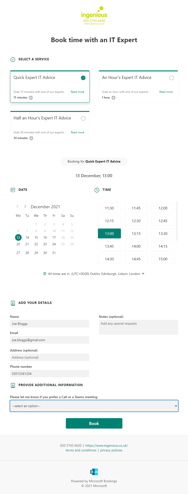 Microsoft Bookings Page